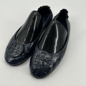 Tory Burch Ballet Flats Womens‎ Navy Croc Embossed Leather Logo Medallion Shoes